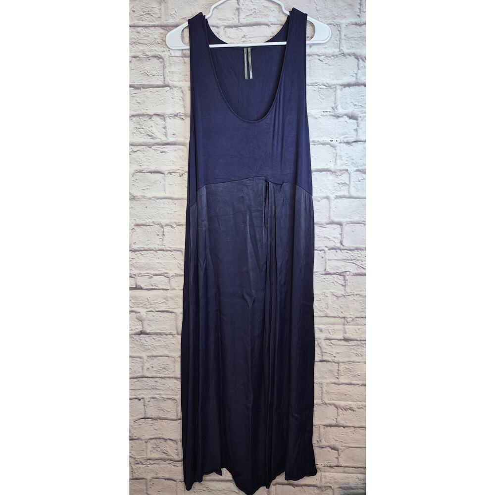 Anthropologie Gemini Mixed Media Midi Dress 1X Plus Blue Tank Satin Asymmetrical - Picture 2 of 7